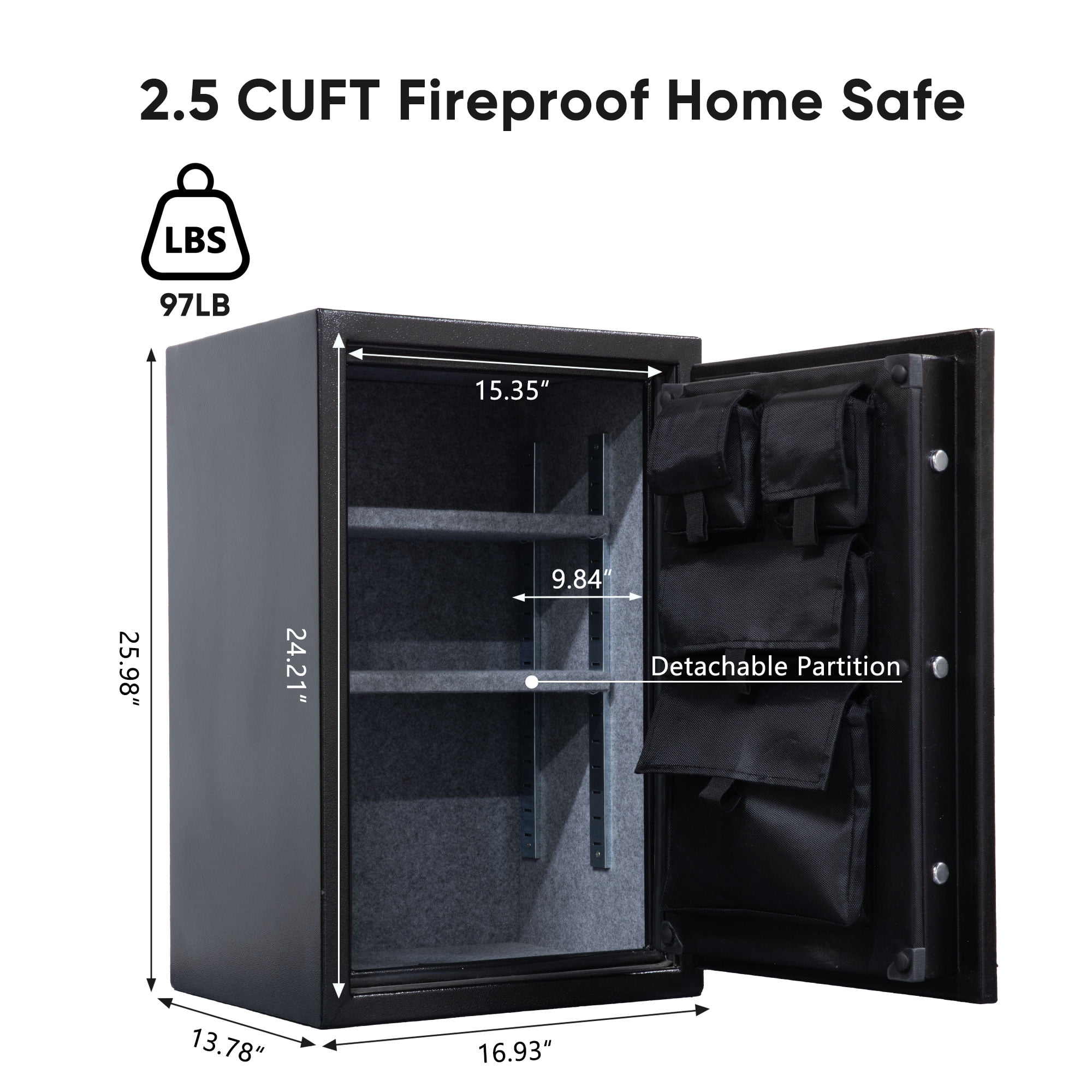 VALINIRT Fireproof Safe with Fingerprint & Programmable Keypad, Home Safe with Removable Shelf, Fire Proof Safe for Home Documents, 26"H × 17"W × 14"D (Black-with Gun Bag)