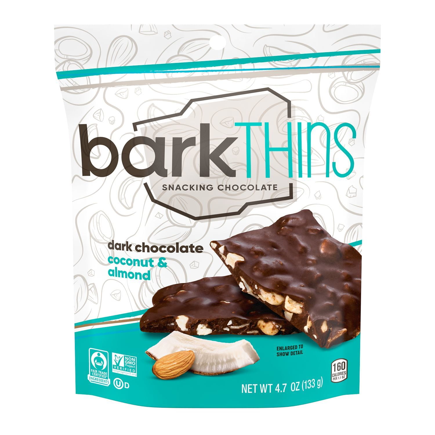 barkTHINS, Dark Chocolate Coconut and Almond Snacking Chocolate, Holiday, 4.7 oz, Bags (6 Count)