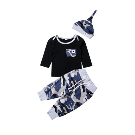 

wybzd Baby New Year 3Pcs Clothes Set Baby Boys Blue Camo Shirt Tops Pants Hat Outfits Set Clothes Blue 6-12m