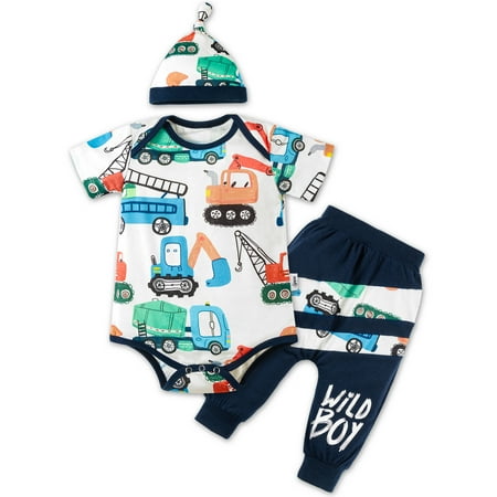 

Synpos 6-12Months Baby Boy Clothes Newborn Boy Outfit Infant Letter Print Romper Long Pants Hat 3PCS Bodysuit Clothing Set