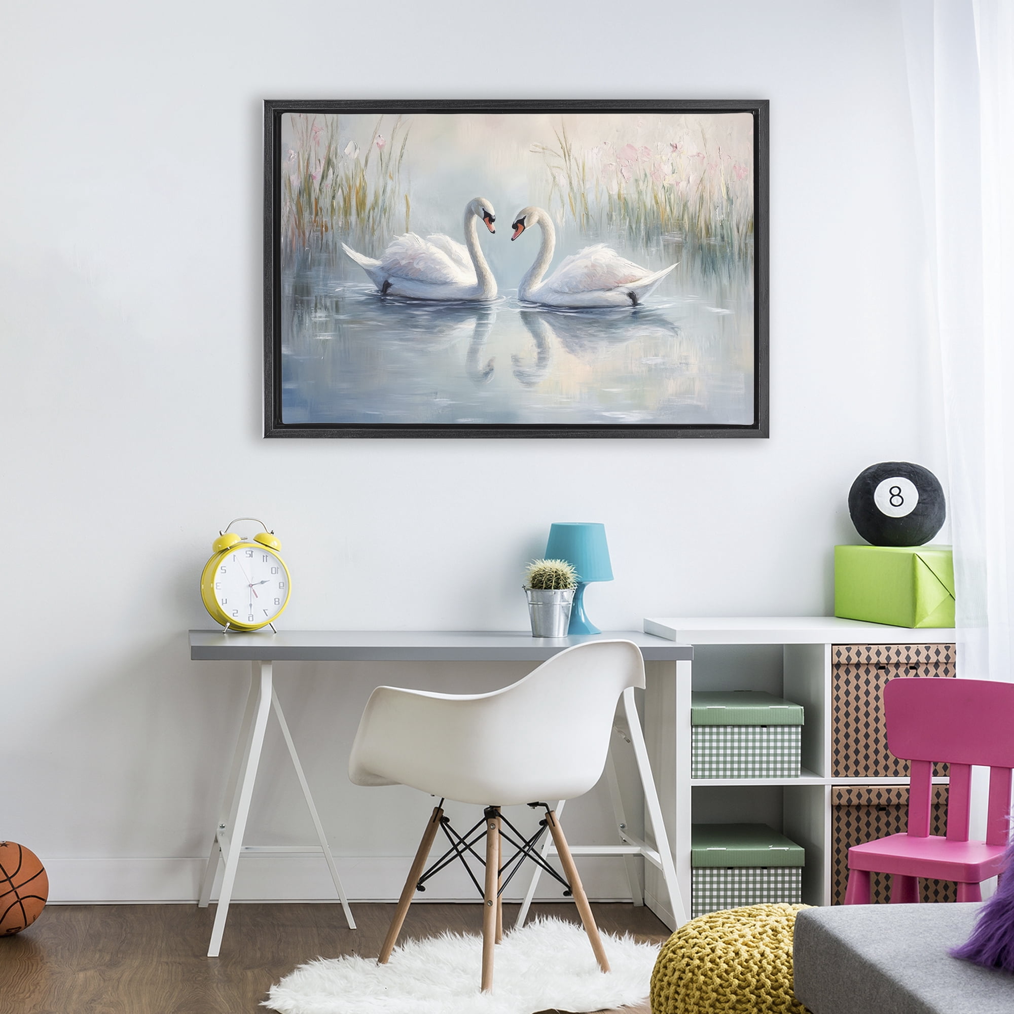 Stupell Industries Simple Swan Reflections Black Framed Floater Canvas Wall Art, design by Petal Prints Design