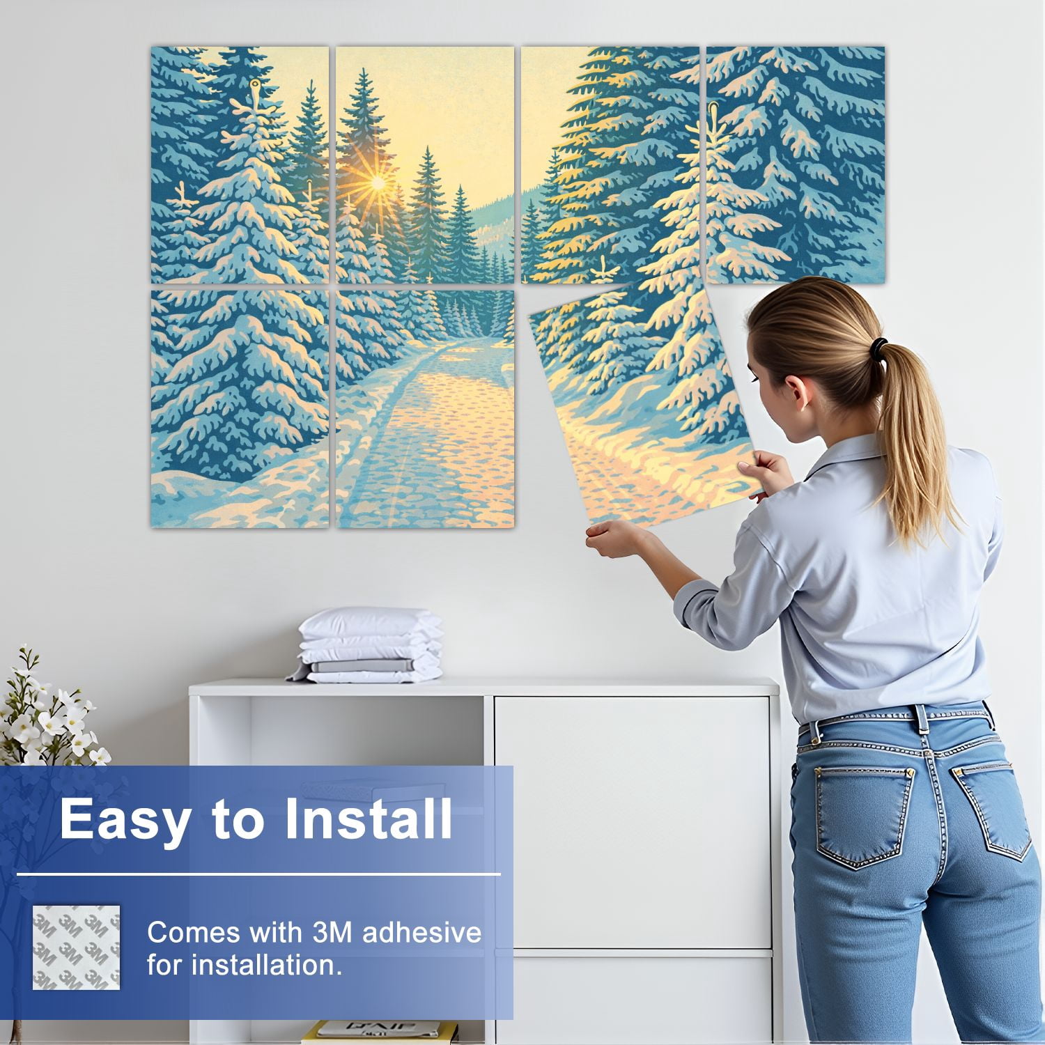 8 Pack Art Acoustic Panels Sound Absorbing Snow covered pine trees sunset Decorative Soundproof Wall Panels Self Adhesive for Nursery Game Room Bedroom 48"x32"