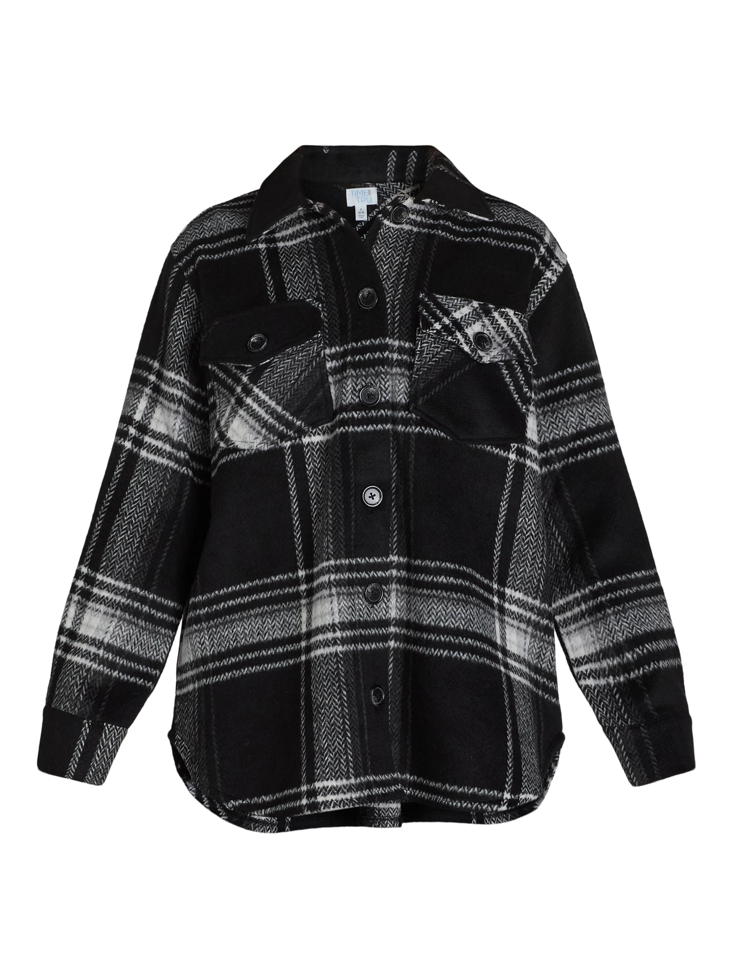Time and Tru Women's Plaid Button Front Shacket, XS-XXXL