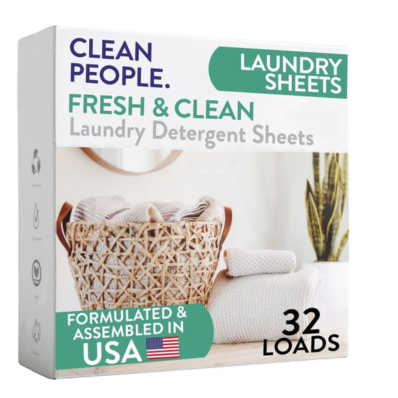 Clean People Laundry Detergent Sheets - Clean Ingredients, No Plastic Jug - Fresh Scent, 32 Pack