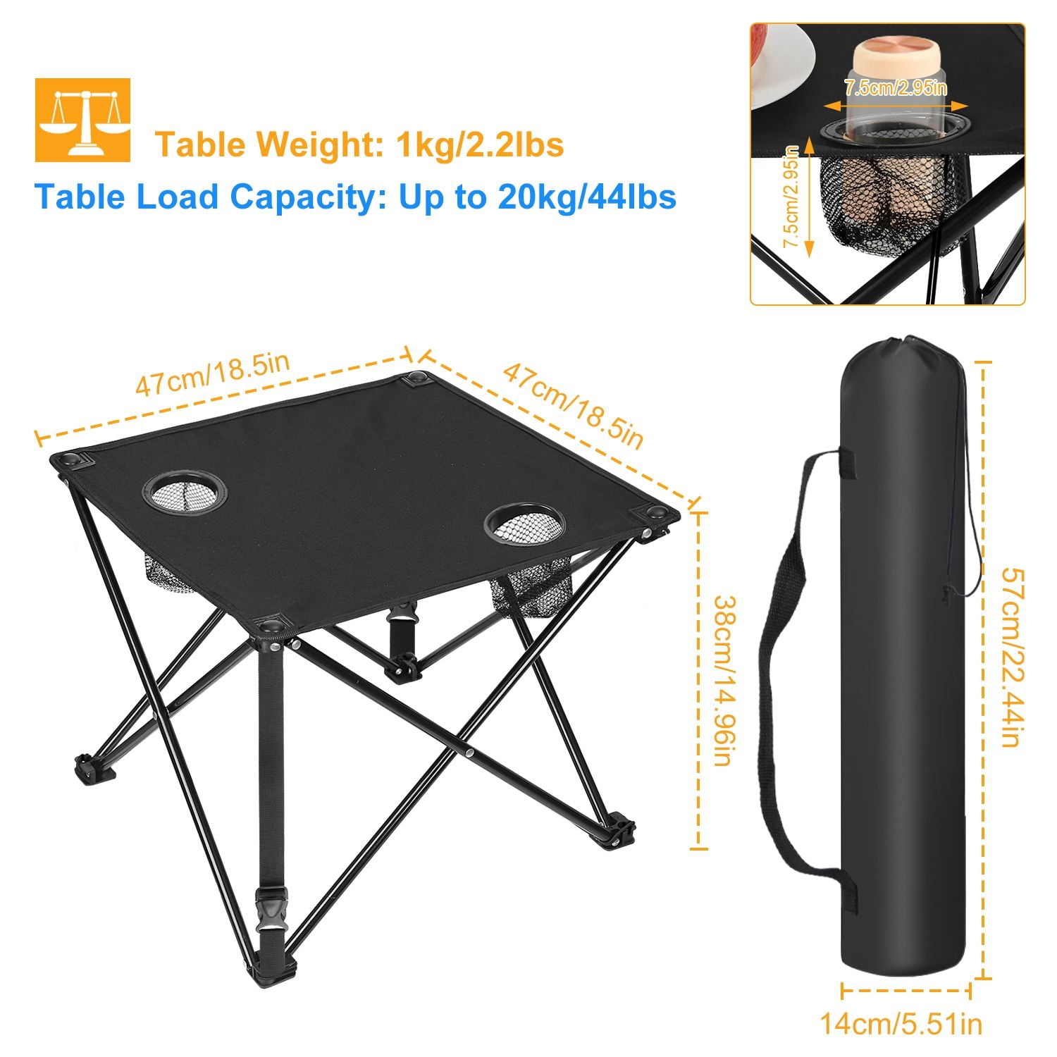 Foldable Camping Table Portable Picnic Table Lightweight Travel Desk with 2 Cup Holders Carrying Bag