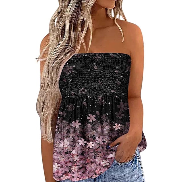 SAYOO Camisetas Sin Tirantes para Mujer, Sin Mangas Plisadas Color Degradado/Pluma/Raya/Flor/Bandera Pullover, Tops Sueltos de Verano para Mujer SAYOO casual