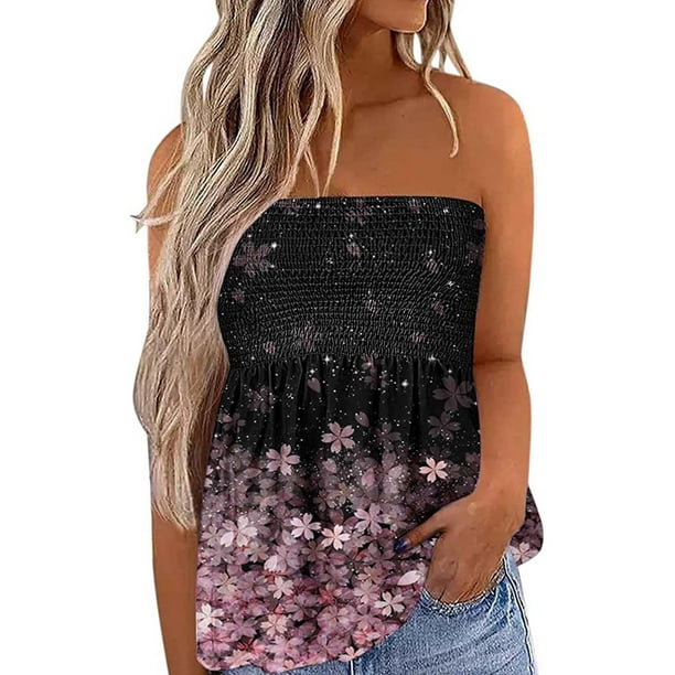 SAYOO Camisetas Sin Tirantes para Mujer, Sin Mangas Plisadas Color Degradado/Pluma/Raya/Flor/Bandera Pullover, Tops Sueltos de Verano para Mujer SAYOO casual