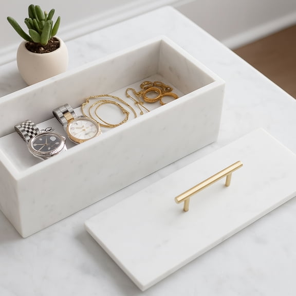 Decorative Marble Rectangular Box with Handle for Home Decor - Modern Organizer for Jewelry and Keepsake Storage - Decor Box for Bedroom, Living Room, and Shelf Accent - 8", White & Gold