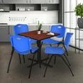 thumbnail image 2 of Cain 42" Square Breakroom Table- Cherry & 4 'M' Stack Chairs- Blue, 2 of 8