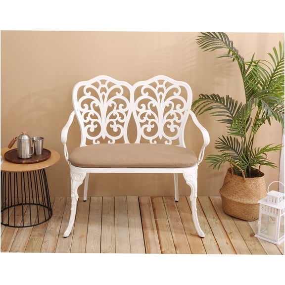 JERFIT White Cast Aluminum Garden Bench with Floral Backrest & Cushion, Outdoor Patio Park Lawn Yard Seating Furniture