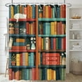 thumbnail image 4 of Colorful Bookshelf Shower Curtain with Hooks Vintage Library Cat Camera and Plants Design Fabric Bathroom Decor for Book Lovers Reading Style Bathtub-72"W x 72"L (Pack of 1), 4 of 7