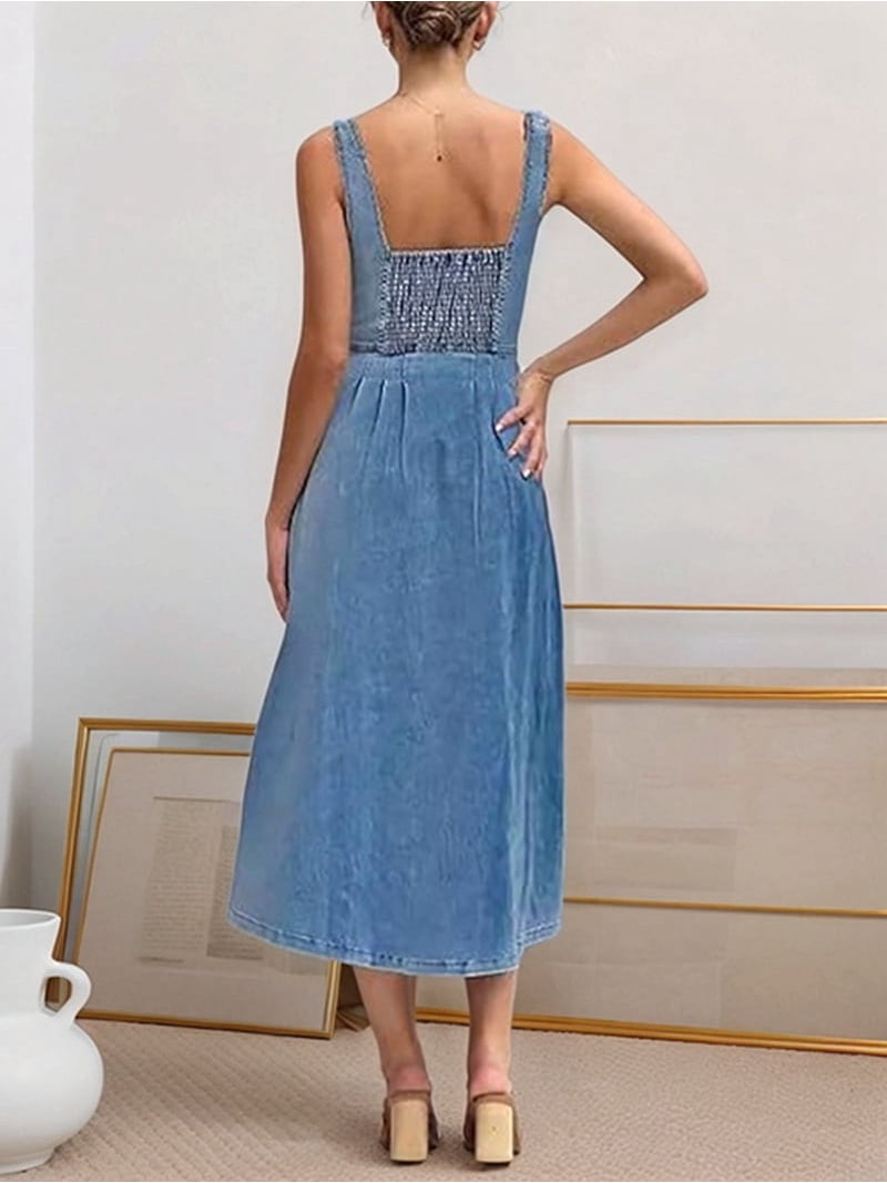 white christmas dresses Cool-Girl Twill Denim Maxi Dress With Front Metal Zipper Bow Back – kalisa main image 0