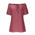 thumbnail image 5 of Summer Saving Wycnly Womens Blouses and Tops Dressy Plus Size Casual Lace Trim off Shoulder Soft Cotton Linen Baggy Tshirts Summer Solid V-Neck Short Sleeve Cute Tees Tops Wine m, 5 of 7