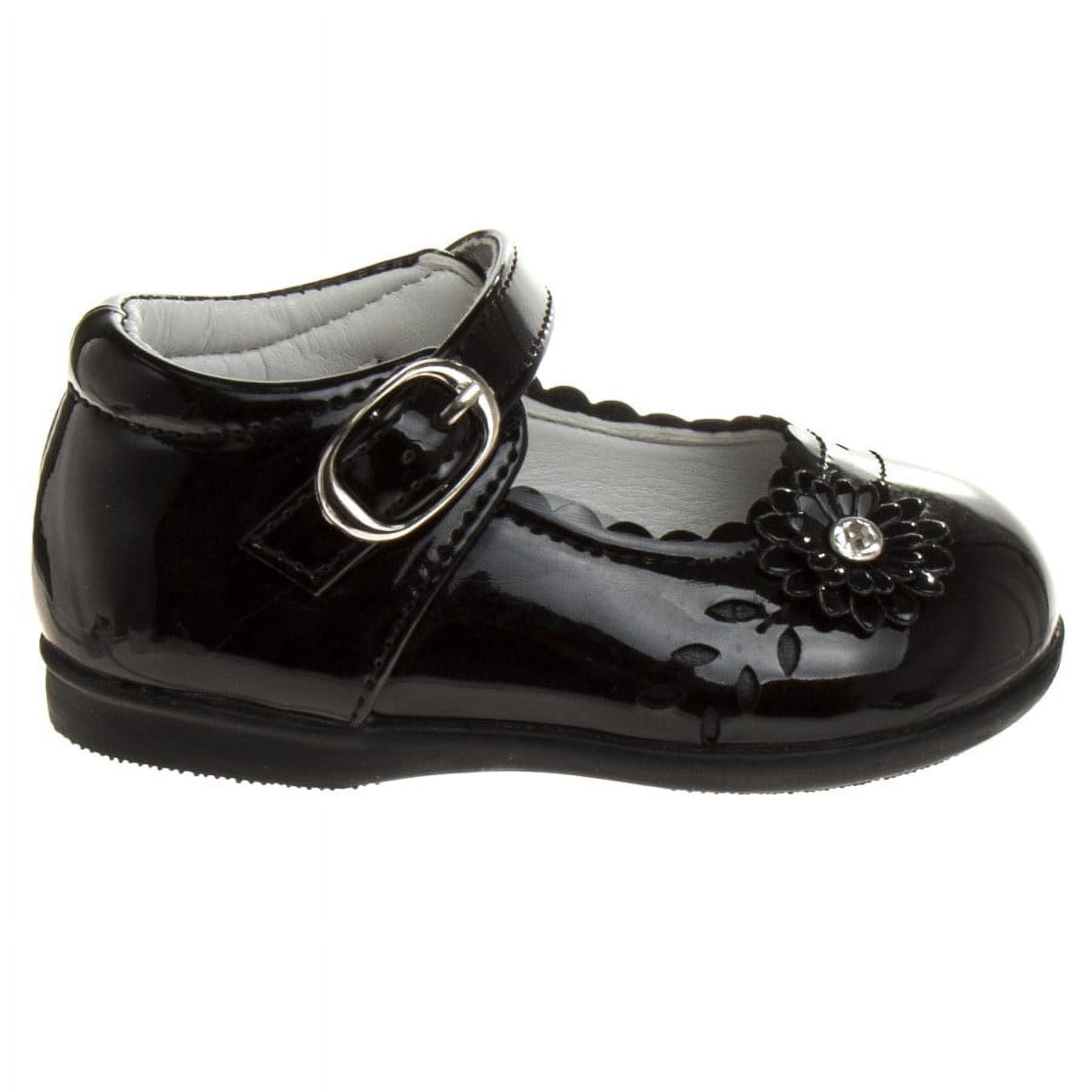 Josmo Toddler Girls Buckle Faux Leather Flat Heel Dress Shoes with Flower Detail - Black Patent, 8