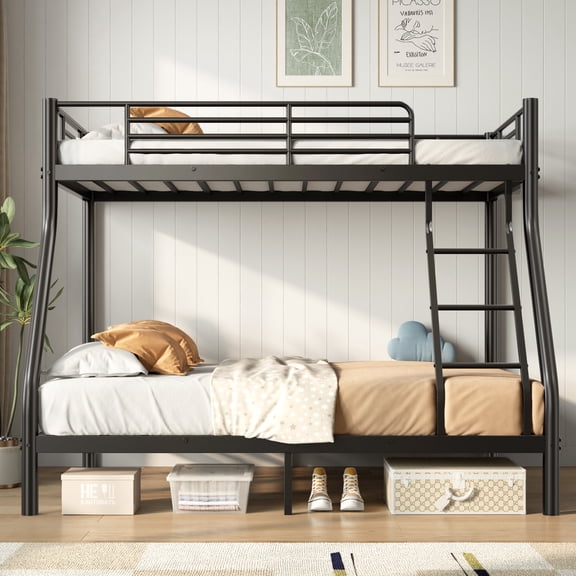 Twin over Full Bunk Bed Frame, Metal Steel Bunk Beds with Ladder and Full-Length Guardrails, Heavy Duty Space Saving Bedroom Bed, Black