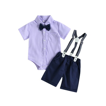 

Qtinghua Infant Baby Boy Gentleman Suit Bowtie Turn-Down Collar Short Sleeve Romper and Bib Straps Shorts Clothes Purple Blue 12-18 Months