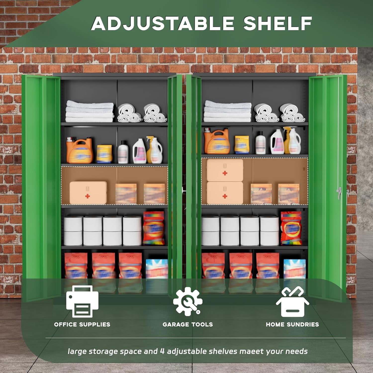SOLAURA Metal Storage Cabinet, 72" x 36" x 18" Garage Storage Cabinet with Lock, Metal Cabinet with 2 Doors and 4 Adjustable Shelves for Office, Home, Shops, Garage, Black Green