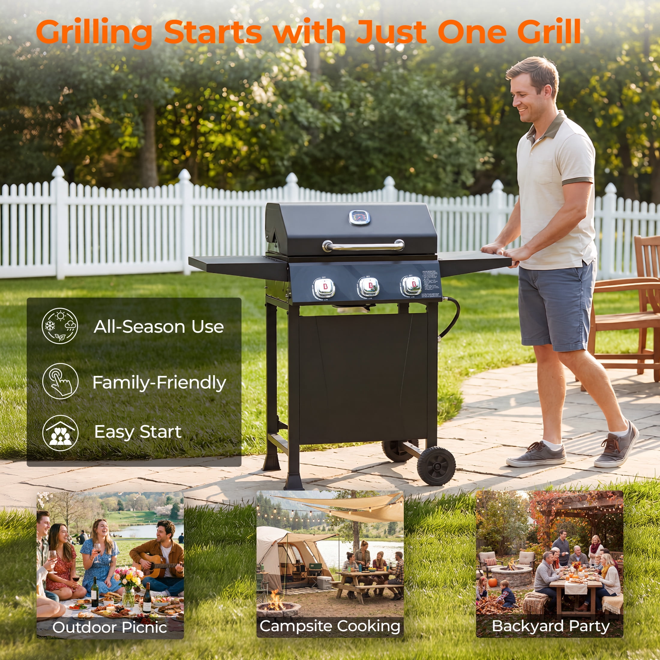 Flintex 3 Burner Propane Gas Grill, 27,000 BTU Outdoor BBQ Grill with Porcelain Coated Grates, Built-in Thermometer, Side Shelves& Wheels