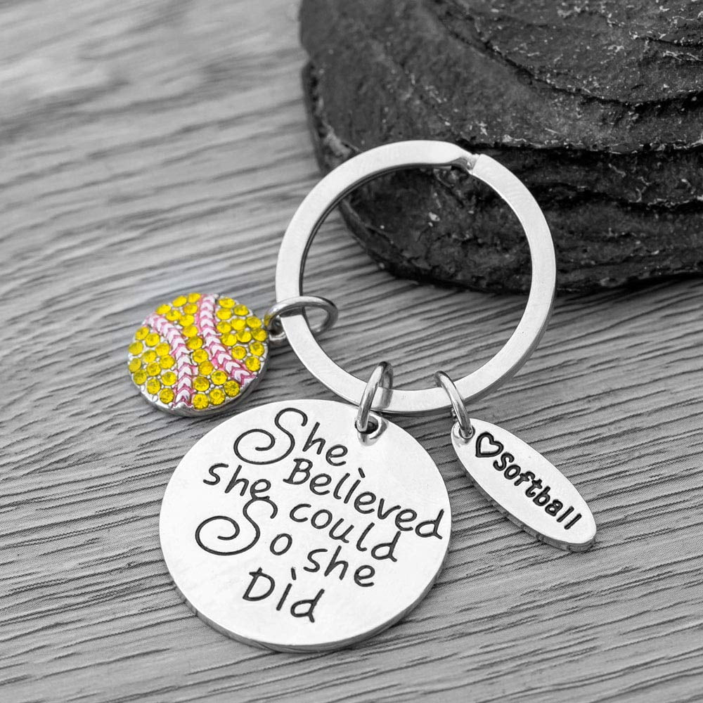 Softball Gift Bundle, Softball She Believed She Could, So She Did Keychain, Softball Scrunchie and Drawstring Bag Gift Set, Girls Softball Accessories For Softball Players and Teams