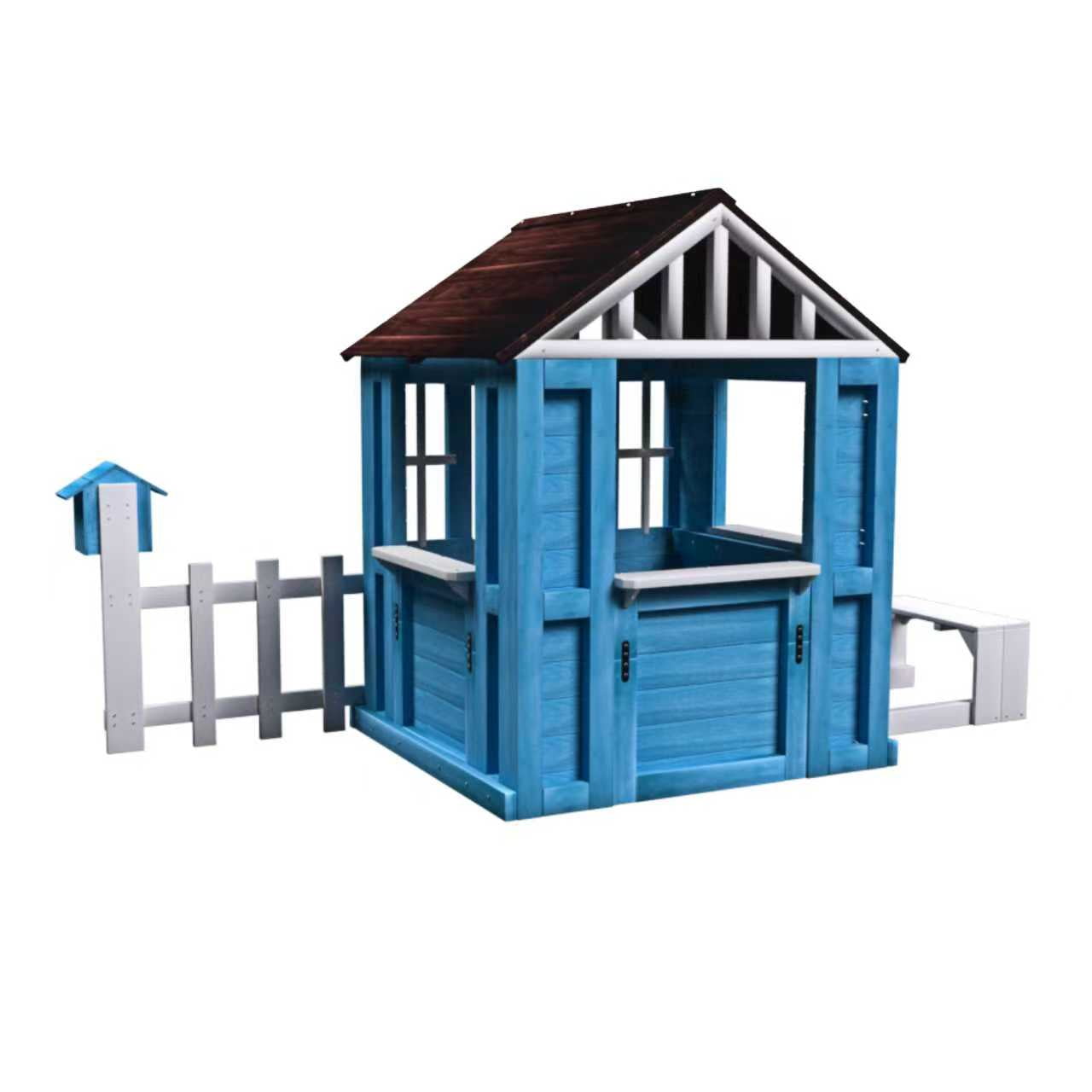 Aukfa Kids Playhouse,Wooden Playhouse for Boys Girls,Picnic Bench, Mailbox, Fence & Flowerpot Holders for Backyard, Garden, Lawn,Blue