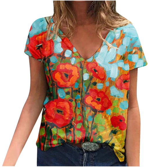 OAVQHLG3B T shirts for women Summer Casual Casual Plus Size Scenic Flowers Printing V-Neck T-Shirt Tops