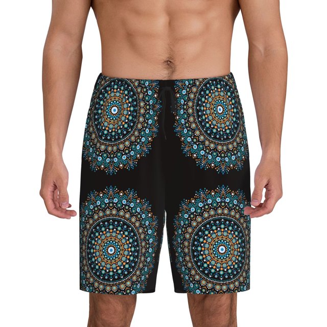 Balery Mandala Pantalones cortos de pijama de punto de algodón para hombre con cinturilla y bolsillos-3X-Large