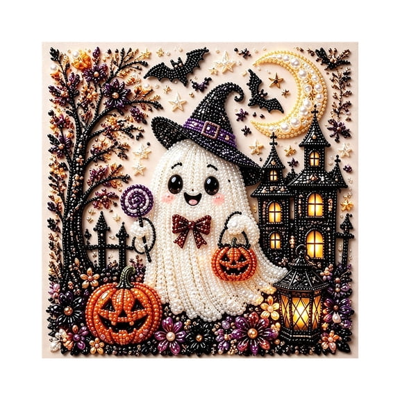 syligr Halloween Diamond Art Kit for Adults, DIY Pearl Art Kits for Party Gift Making, Pearl Crystal Glitter Painting for Mantel Wall Decorations, Spooky Ghost Craft for Home