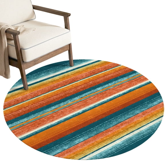 Washable Round Rugs 3ft Teal Orange Striped Circle Rug Non-Slip Non-Shedding Low-Profile Abstract Vintage Watercolor Geometric Small Area Rug Carpet for Living Room Bedroom Dining Room Home Decor