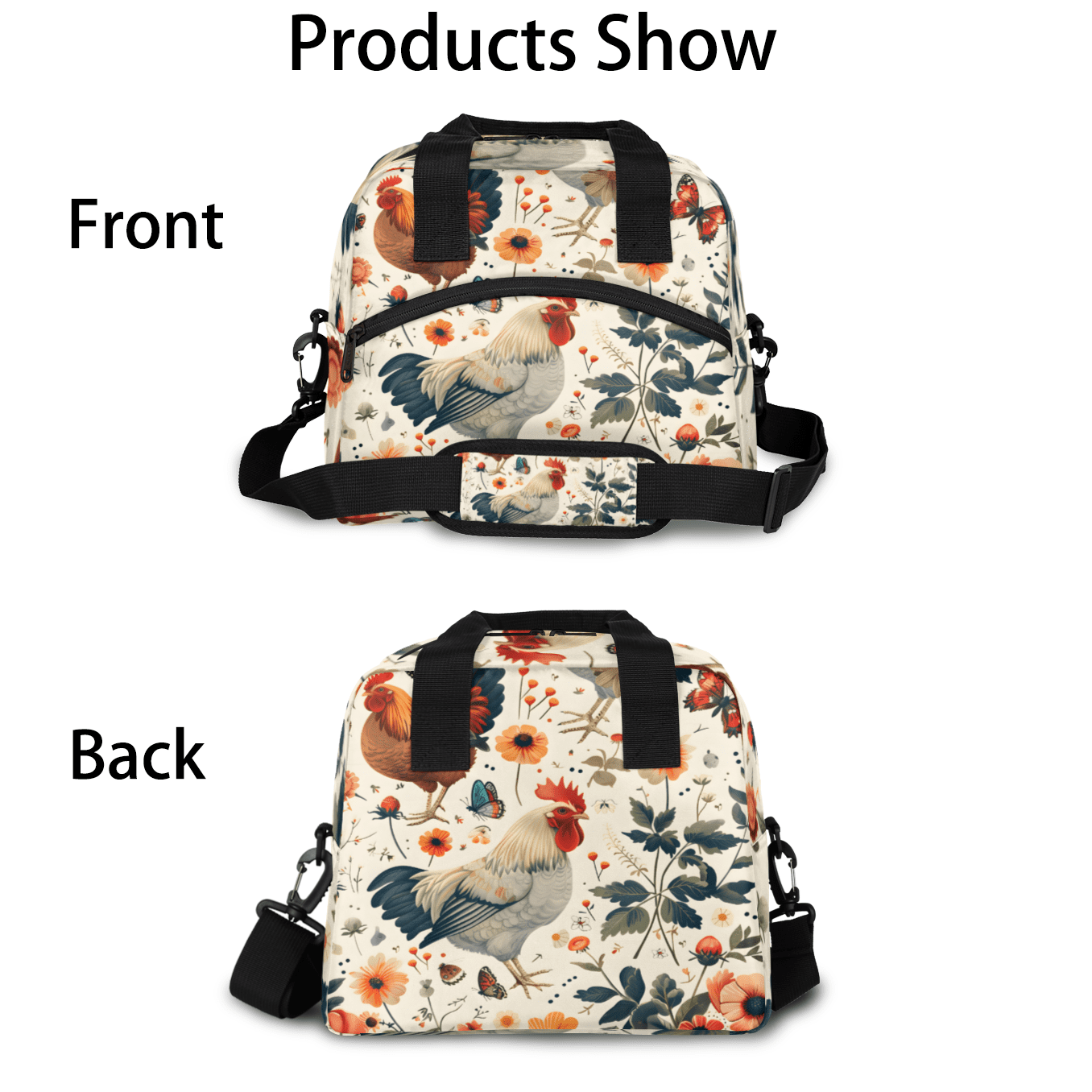 Herdesigns Chicken Cock Insulated Lunch Bag for Women Men Adults Large Reusable Lunch Box Hens Rooster Leakproof Cooler Tote Bags with Adjustable Shoulder Strap
