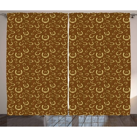 Western Curtains 2 Panels Set, Horse Shoe Motif Vintage Pattern with Star Symbol Barn Lucky Charm Design, Window Drapes for Living Room Bedroom, 108W X 63L Inches, Brown Pale Yellow, by