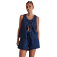 thumbnail image 2 of Women Tie Front Top 2 Piece Outfit Denim Set Sleeveless Deep V Neck Vest Jean Elastic Waist Shorts Sets Dark Blue S, 2 of 7