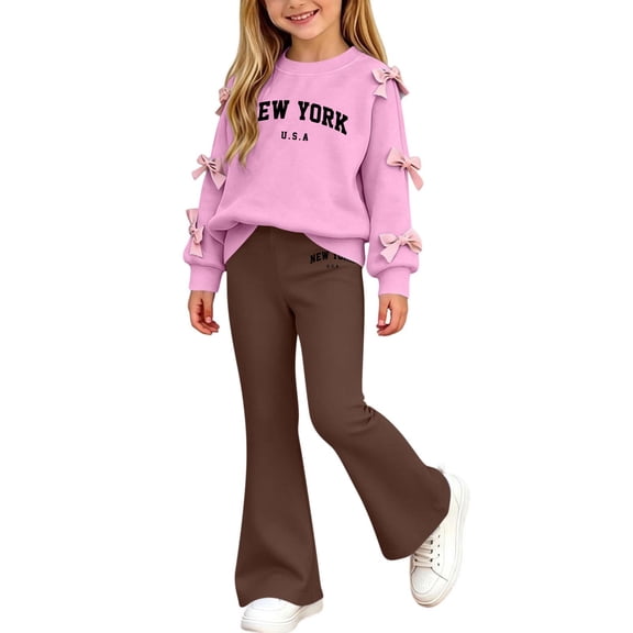 CYRBOKO Girls Long Sleeve Top and Flared Pants Sets, Princess Pullover 2-Piece Casual Kids Outfit Set Coffee Size 10-12 T