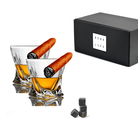 Set of 2 Crystal Clear Glass Item Holding Luxury Whiskey Glasses with Bourbon Stones for Cold Ice Drinking Gift for Men Home Bar Game Room Mancave