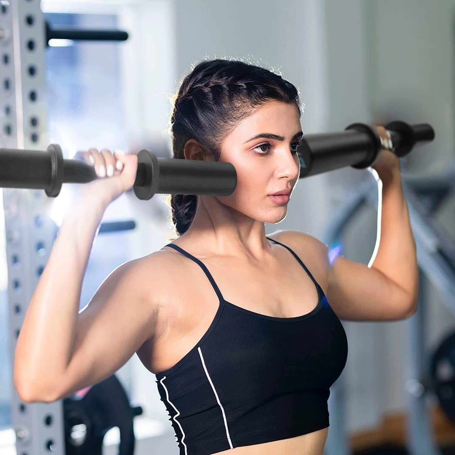 16 Inch Olympic Dumbbell Handle Set with Spring Collars - Heavy Duty Steel Bar for Weight Plates, Knurled Grip for Home Gym Strength Training