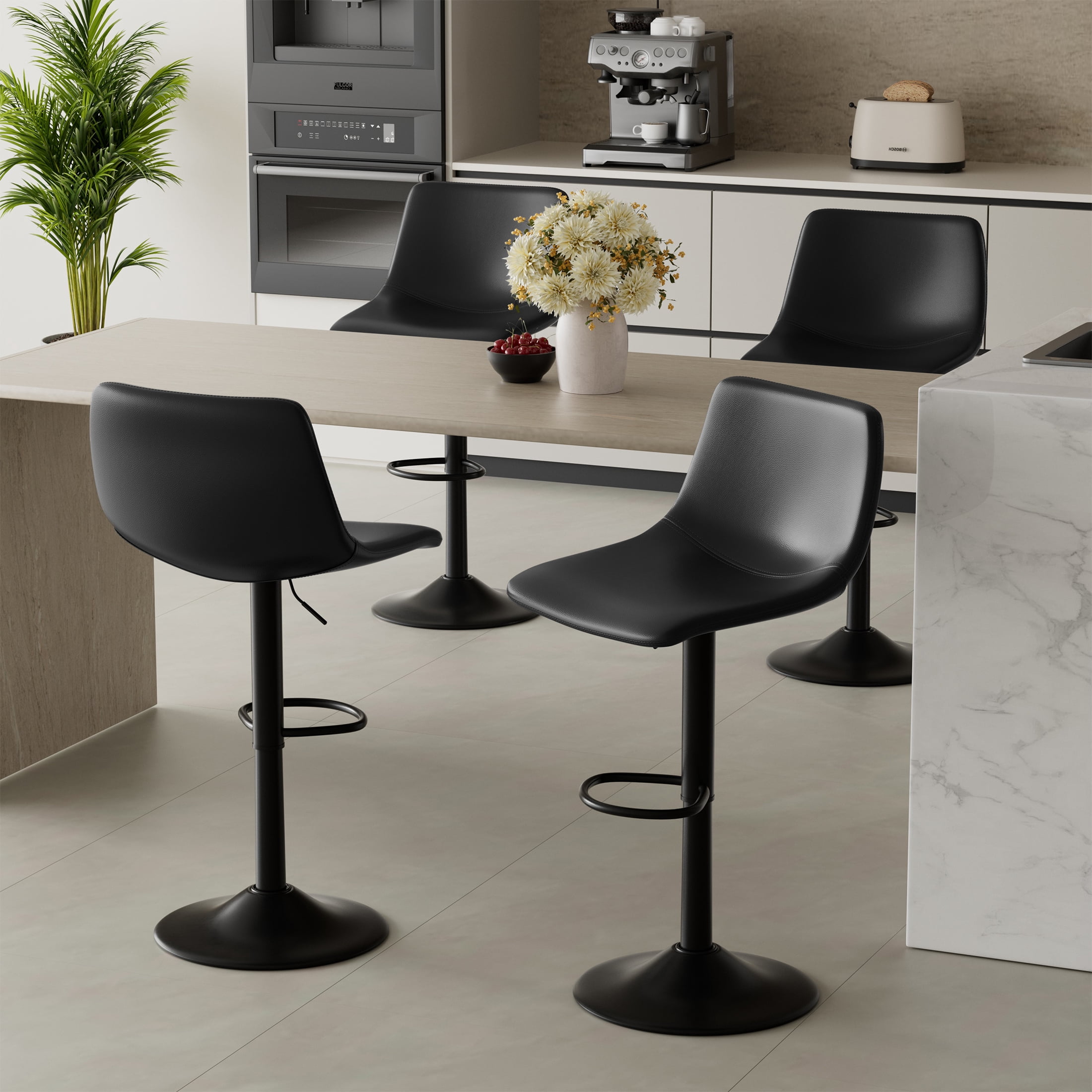 Hawsaiy Modern Swivel Bar Stools Set of 2, Adjustable Faux Leather Counter Height Chairs with Back for Kitchen Island, Black