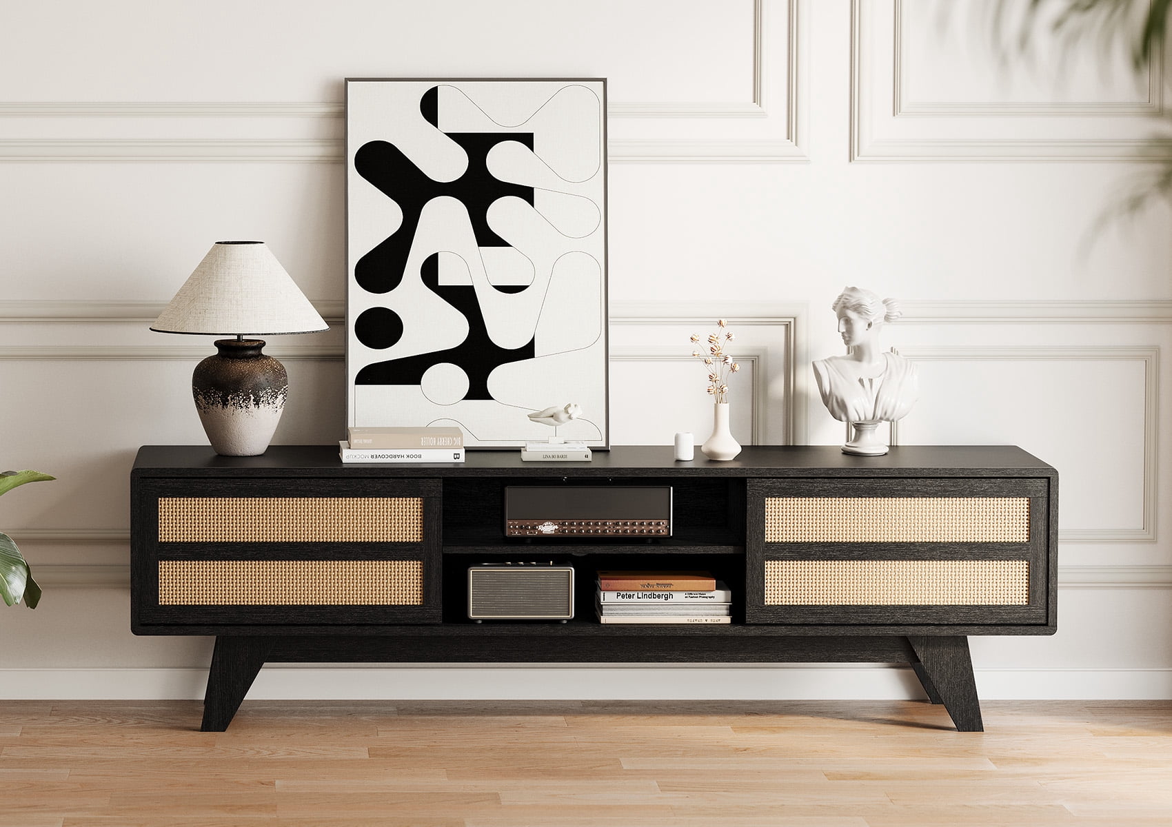 Home Modern Style 65 inch TV Stand for Living Room - Low Profile TV Stand for TVs up to 65 inches Entertainment Center with Storage - Media Cabinet with 2 Doors & Adjustable Shelves,Black