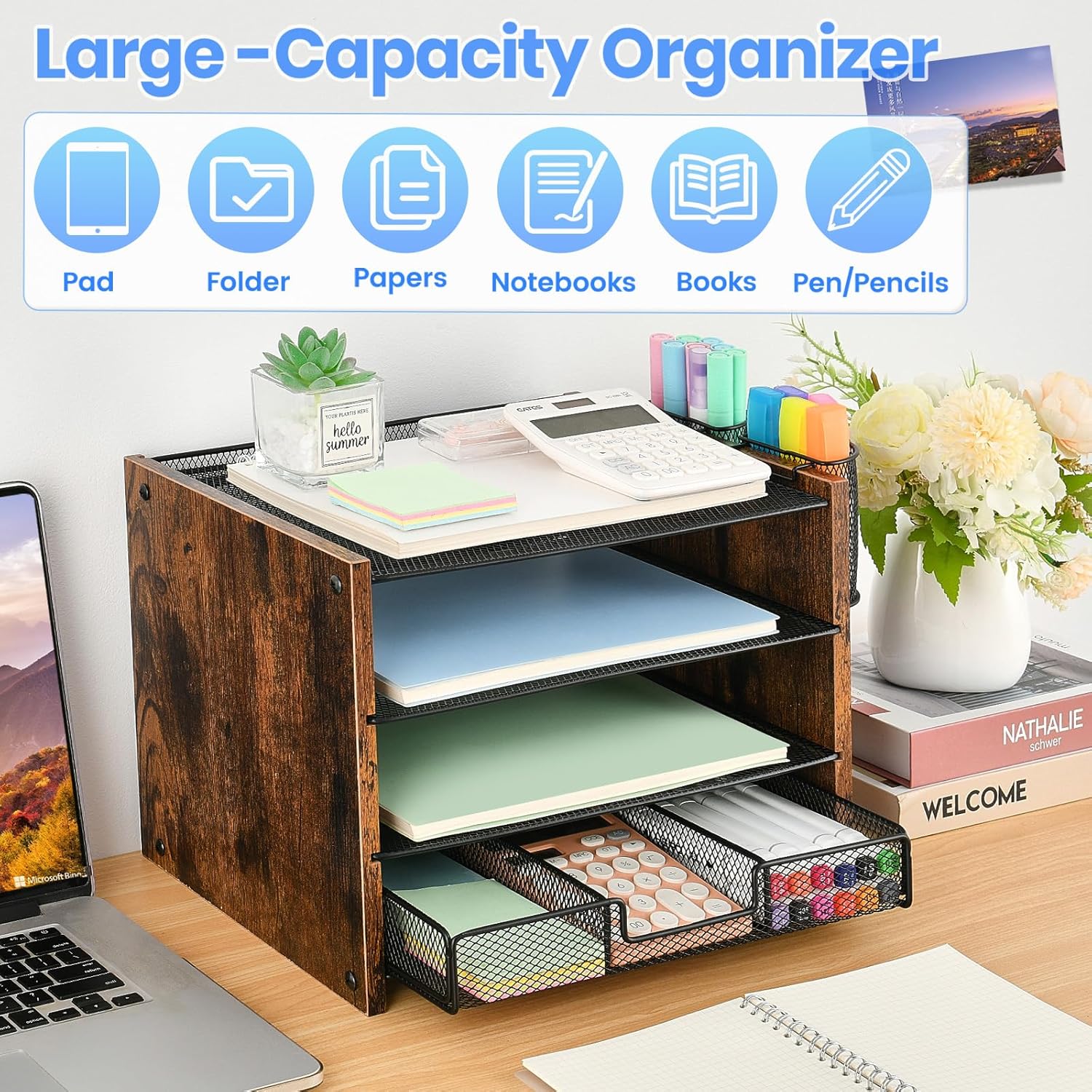 Desk Organizer and Accessories, 4-Tier Paper Letter Tray File Organizer with Drawer & 2 Pen Holder, Office Desk Accessories Workspace Desktop Organizer for Office Supplies(Brown)