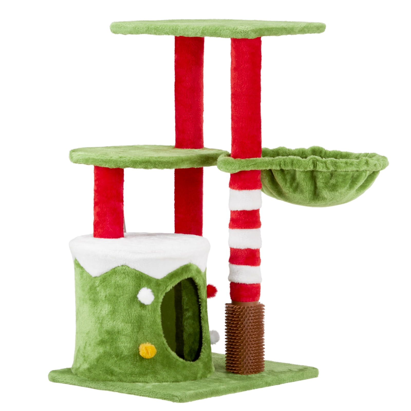 32in Christmas Themed Cat Scratching Post Tower 4-in-1 Holiday Cat Tree with Condo, Hammock Massage Brush Sturdy Anti-Tip Activity Center for Indoor Cats