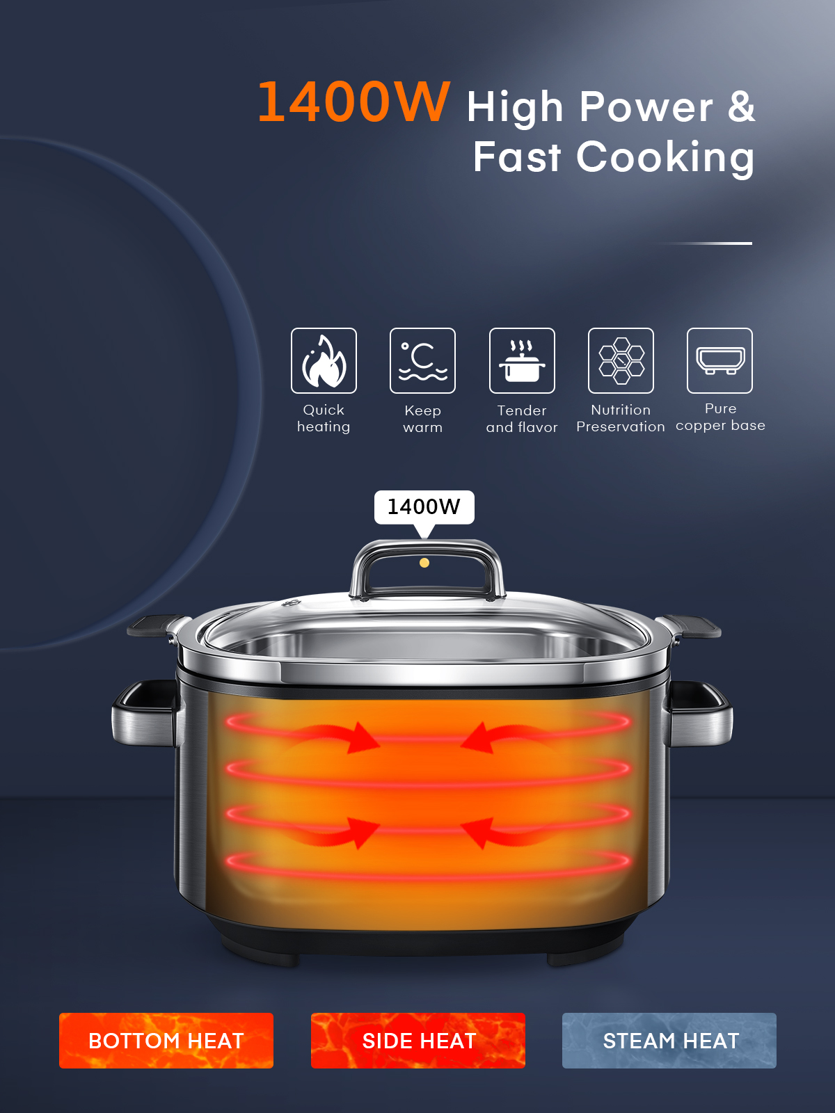 Slow Cooker, HOUSNAT 10 in 1 Programmable Cooker, 6Qt Stainless Steel, Rice Cooker, Yogurt Maker, Delay Start, Steaming Rack and Glass Lid, Adjustable Temp&Time for Slow Cook with Digital Timer - image 2 of 6