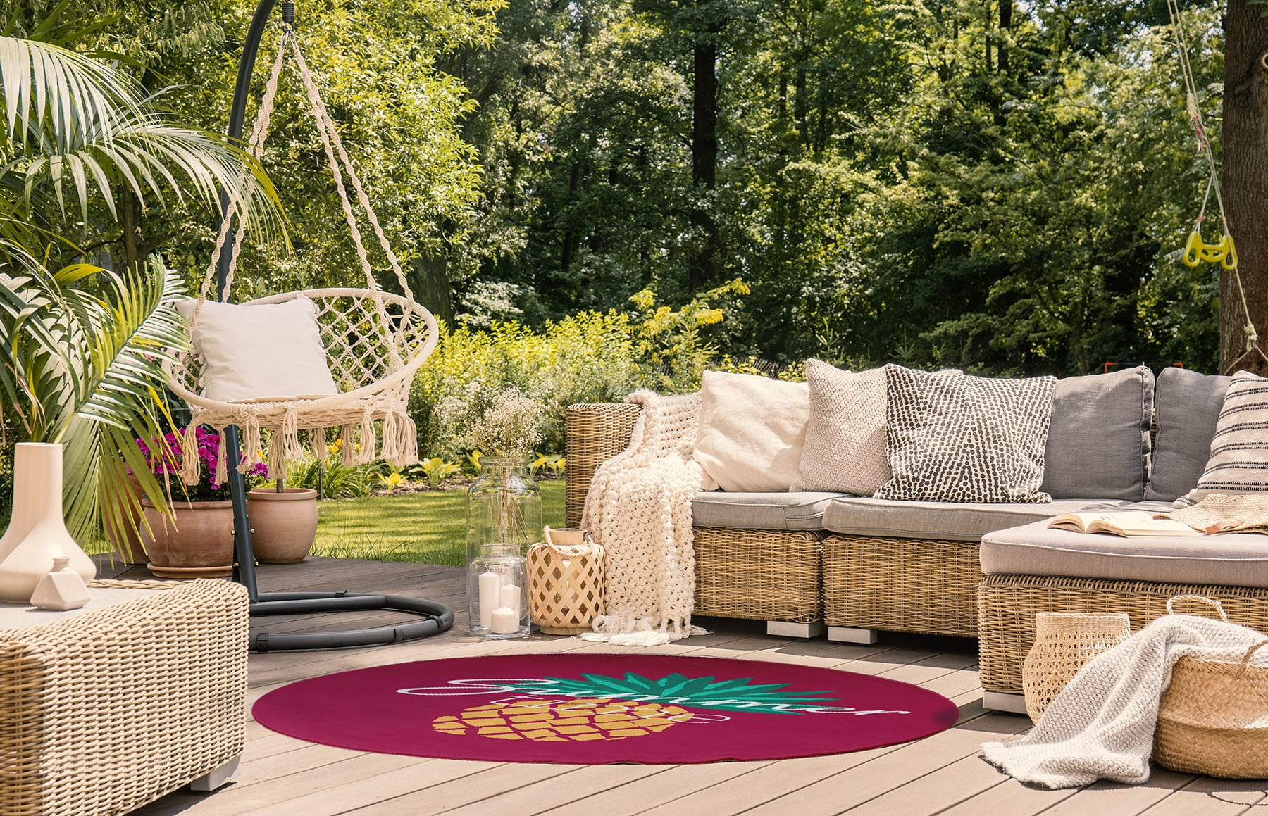 5' Round Simply Daisy Summer Time Pineapple Tropical Chenille Area Rug, Lipstick Pink