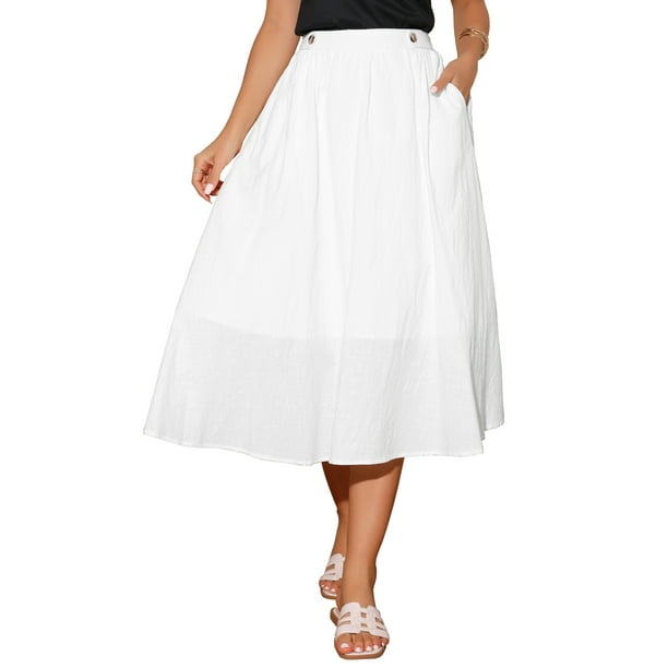 Falda midi de línea A con cintura elástica y bolsillos XL blanca de Inspire Chic para mujeres