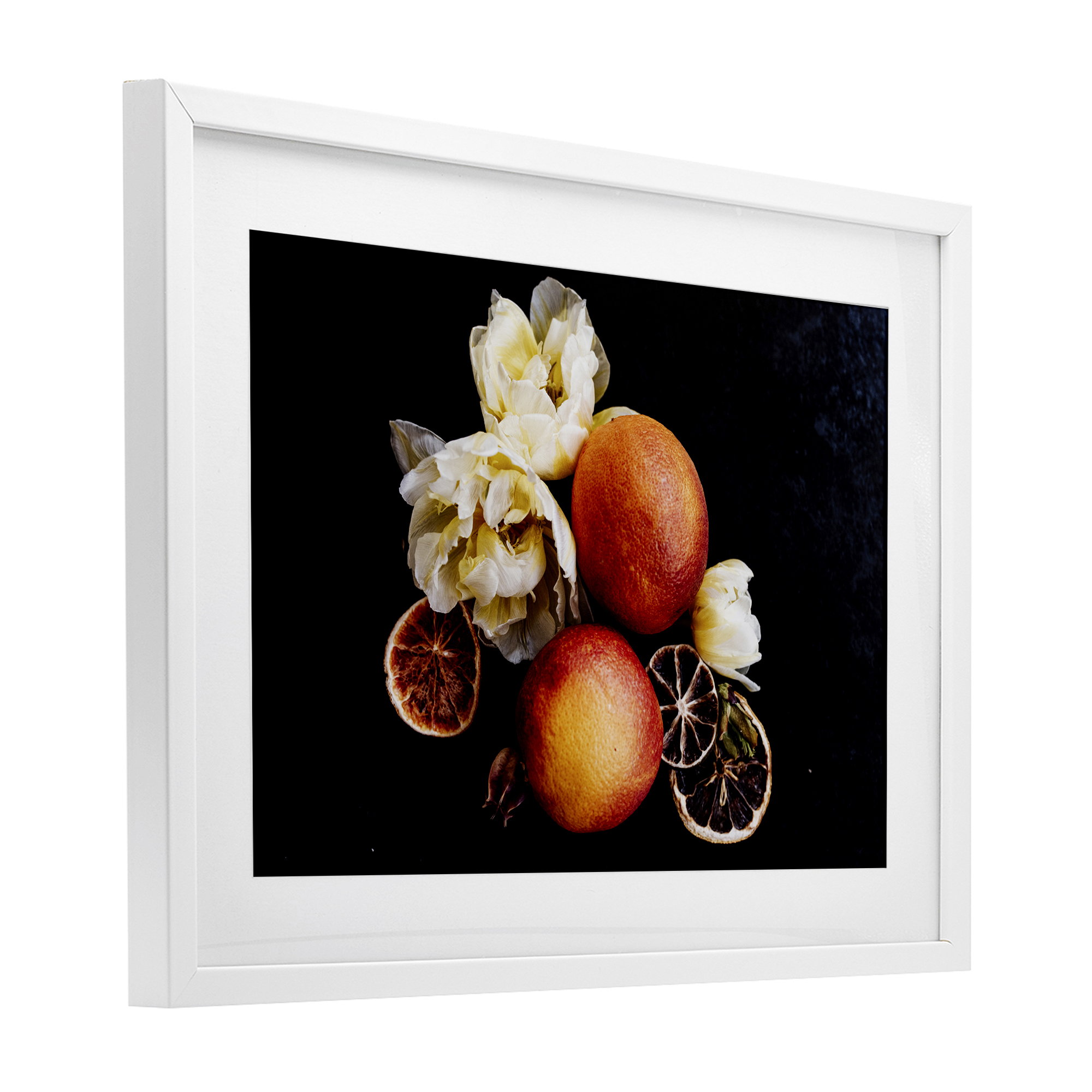 The Still Spring Fruit White Framed Print Under Glass, design by Amy Carroll