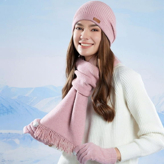 BXJX Warm Beanie Hats for Women- Ski Cap Fleece Lined Beanie Three-piece Set Knit Cuffed Warm Winter Caps Pink Size Free Size