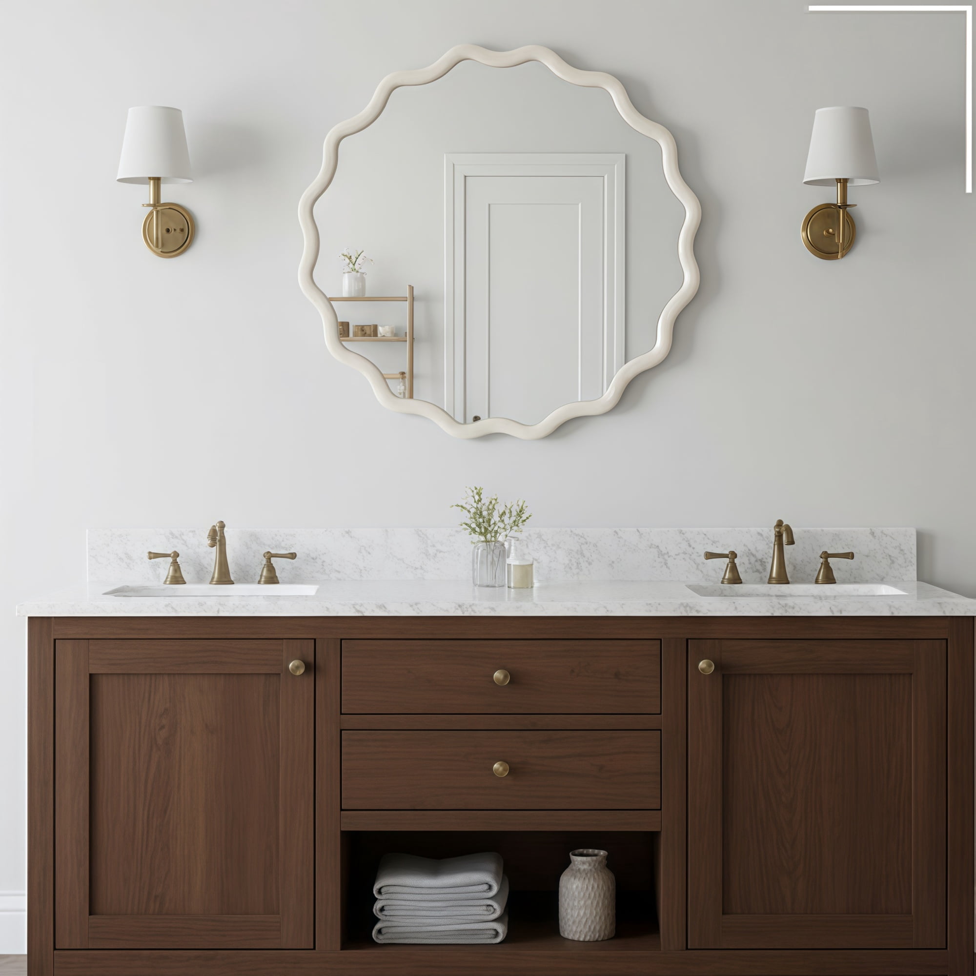 Leumius 30" Wavy Round Mirror, Solid Wood Frame Decorative Mirror for Bedroom Bathroom Living Room Entryway White