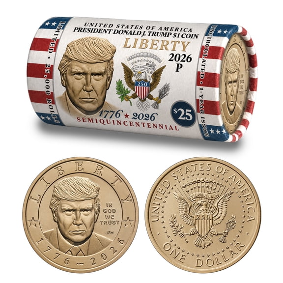 President Donald J. Trump 2026 $1 Coin Roll • Liberty Horizontal Design • 25 Brilliant Uncirculated Coins • Limited Edition of 25,000 Rolls
