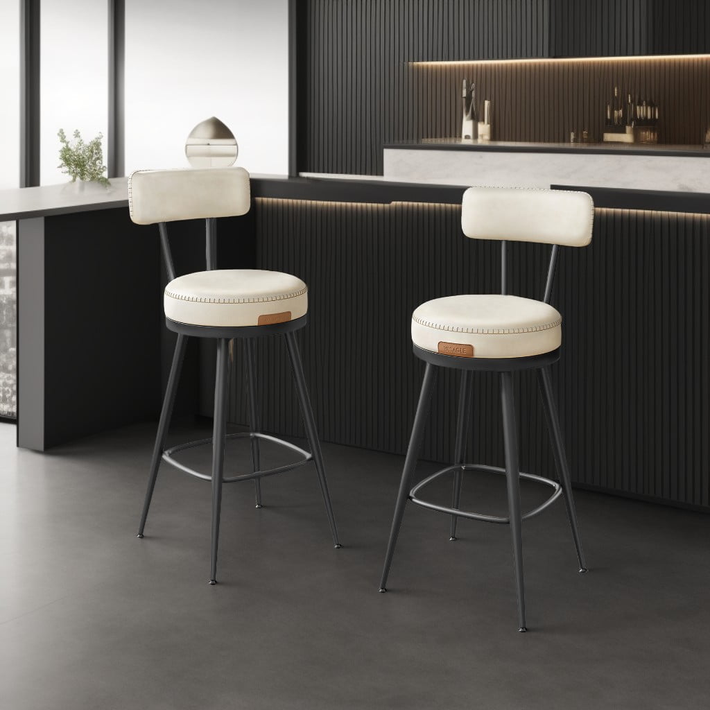 LEDREM Set of 2 Swivel Bar Stools, 25.6-Inch Counter Height Stools with Backrest & Synthetic Leather, Mid-Century Modern, Cream White