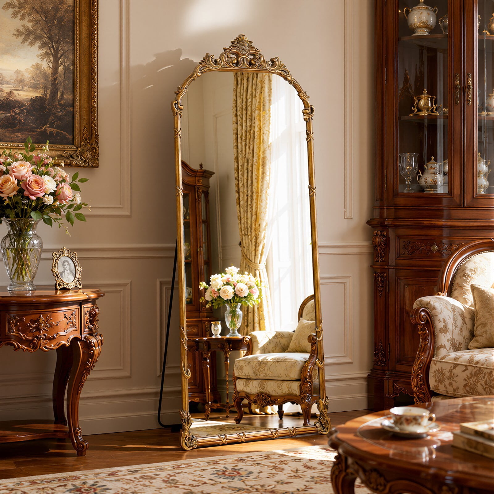 Easy4Home 69"x28" Arched Full-Length Floor Mirror Baroque Scroll Carved Standing Mirror, Antique Gold