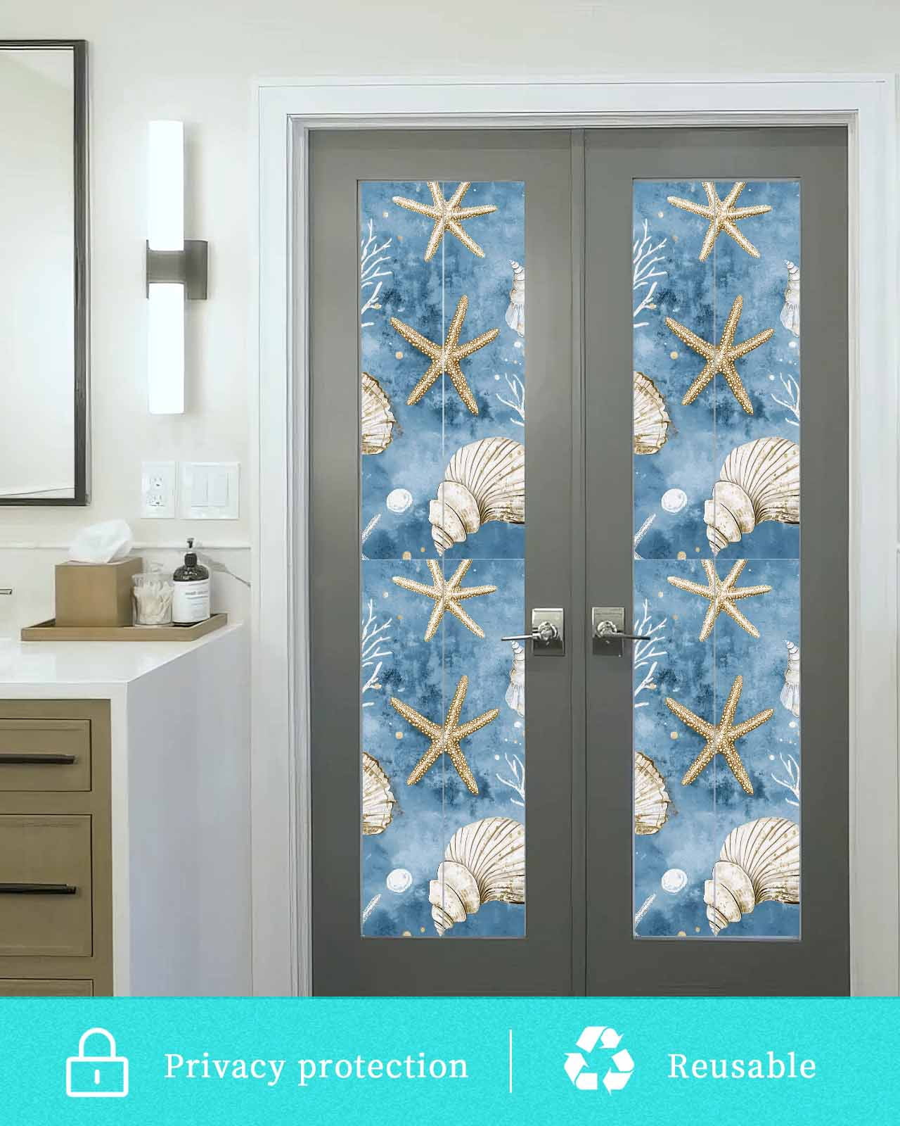 Window Privacy Film Blue Coastal Stained Glass Window Film Decorative Sun Block Window Cover Summer Beach Starfish Shell Sea Window Clings Static Adhesive Sticker for Bathroom 23.6"x78.7"