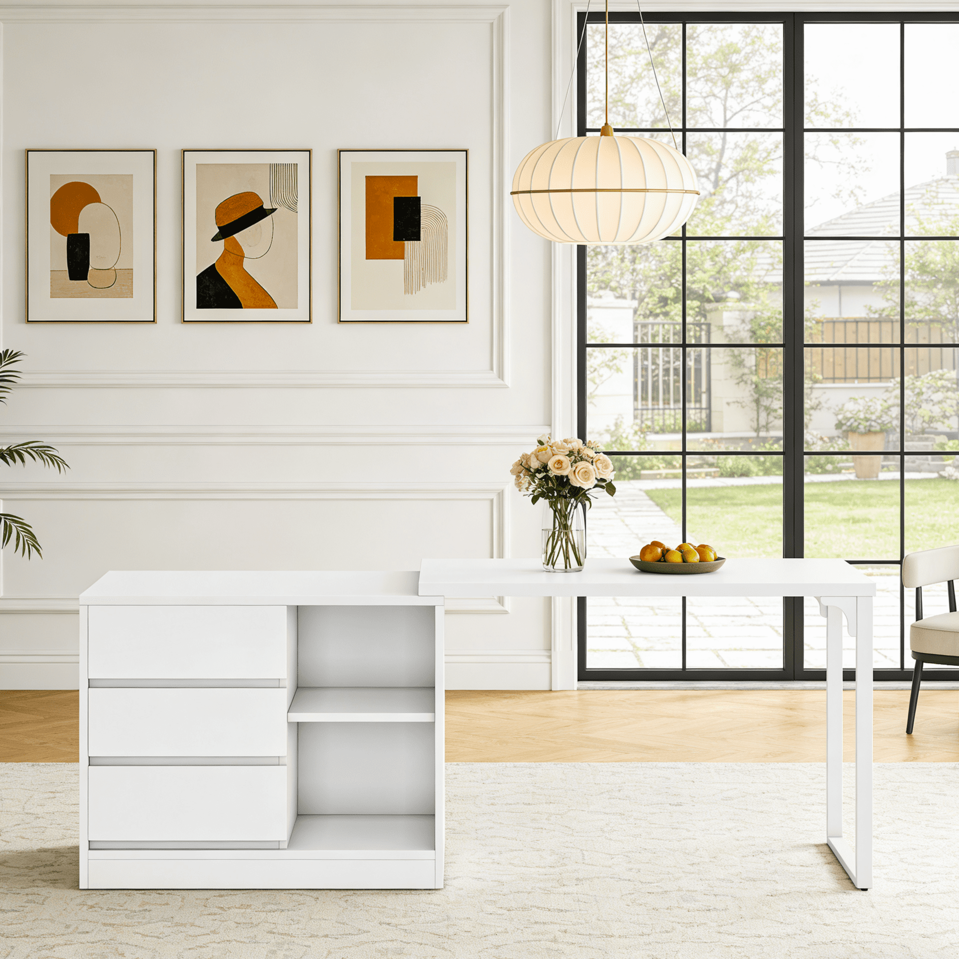 Fnova Reversible Computer Desk with Drawers, Shelves, Storage Cabinet, Modern L-Shaped Corner Office Desk for Home Office, Bedroom, Study, Writing