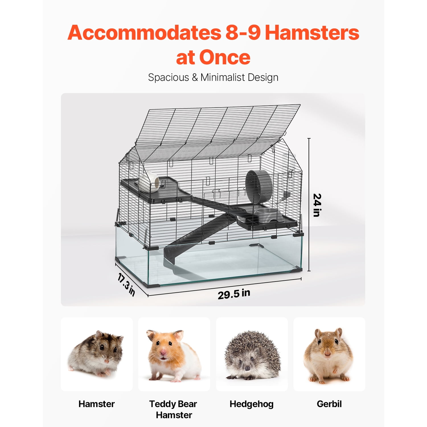 KFFKFF Rodent Enclosure, Full View Clear Rodent Homes, Compact Creature Habitat, 29.5 x 17.3 x 24 in, Breathable Pet Rodent Cages with Hydration Bottle, Mobile Rodent Residence for Rats, Guinea Pigs
